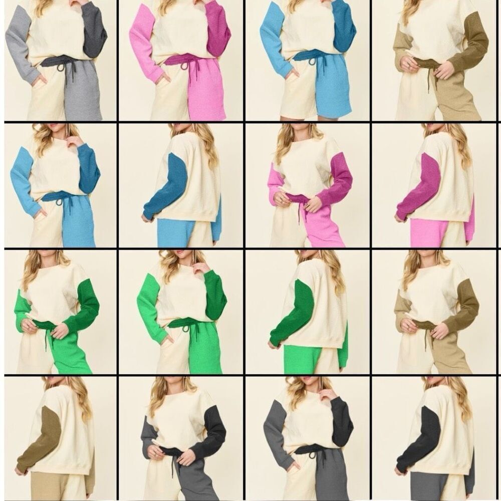 Blue Contrast Color Block Drop Shoulder Long Sleeve Top & Shorts Lounge Set NWT - Picture 11 of 13